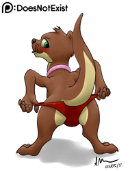 Size: 1518x2000 | Tagged: suggestive, artist:doesnotexist, oc, oc:bryce daeless, oc:bryce daeless (otter), mammal, mustelid, otter, anthro, 2017, blushing, brown body, brown fur, bulge, clothes, collar, digital art, fangs, fur, green eyes, high res, looking back, male, panties, partial nudity, sharp teeth, signature, simple background, skimpy, solo, solo male, standing, tan body, tan fur, teeth, tongue, topless, underwear, undressing, white background