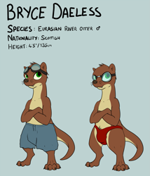 Size: 1097x1280 | Tagged: suggestive, artist:doesnotexist, oc, oc:bryce daeless, oc:bryce daeless (otter), mammal, mustelid, otter, anthro, 2017, bottomwear, brown body, brown fur, clothes, countershading, digital art, english text, eyewear, fangs, fur, goggles, green eyes, male, off/on, partial nudity, reference sheet, river otter, sharp teeth, shorts, solo, solo male, speedo, standing, swimsuit, tan body, tan fur, teeth, text, topless