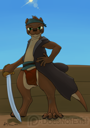 Size: 1414x2000 | Tagged: safe, artist:doesnotexist, oc, oc:bryce daeless, oc:bryce daeless (otter), mammal, mustelid, otter, anthro, 2018, bandanna, belt, brown body, brown fur, bulge, clothes, coat, countershading, cutlass, digital art, fur, green eyes, hand on hip, high res, kerchief, looking at you, male, melee weapon, pirate, red clothes, red underwear, river otter, scar, signature, solo, solo male, speedo, standing, swimsuit, sword, tan body, tan fur, topwear, underwear, watermark, weapon, whiskers