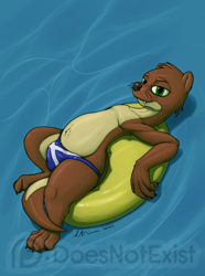 Size: 1484x2000 | Tagged: safe, artist:doesnotexist, oc, oc:bryce daeless, oc:bryce daeless (otter), mammal, mustelid, otter, anthro, 2019, 4 toes, bedroom eyes, brown body, brown fur, bulge, clothes, countershading, digital art, feet, fur, green eyes, half closed eyes, high res, inflatable, looking at you, lying, male, membrane (anatomy), narrowed eyes, partial nudity, river otter, saint andrew's cross, saltire, scotland, scottish flag, seductive, solo, solo male, speedo, swimsuit, tan body, tan fur, toes, topless, water, watermark, webbed hands, whiskers