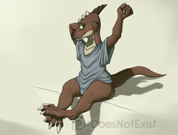 Size: 2000x1510 | Tagged: safe, artist:doesnotexist, oc, oc:bryce daeless, oc:bryce daeless (kobold), fictional species, kobold, reptile, anthro, 2019, 4 fingers, 4 toes, bipedal, blushing, bottomless, brown body, brown scales, claws, clothes, dewclaw, digital art, fangs, feet, fingers, green eyes, grey clothing, grey shirt, grey topwear, high res, horn, male, nudity, oversized shirt, partial nudity, scales, sharp teeth, shirt, simple background, sitting, smiling, solo, solo male, stretching, t-shirt, tan body, tan scales, teeth, toes, topwear, wide hips