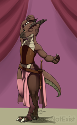 Size: 1230x2000 | Tagged: safe, artist:doesnotexist, oc, oc:bryce daeless, oc:bryce daeless (kobold), fictional species, kobold, reptile, anthro, digitigrade anthro, 2019, 4 fingers, 4 toes, ambiguous gender, arm above head, beckoning, bipedal, bottomwear, brown body, brown scales, clothes, countershading, dagger, dewclaw, digital art, feet, fingers, gesture, green eyes, high res, horn, legwear, loincloth, melee weapon, one eye closed, scales, solo, standing, stockings, tan body, tan scales, toes, weapon