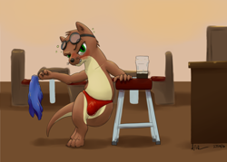 Size: 1280x914 | Tagged: suggestive, artist:doesnotexist, oc, oc:bryce daeless, oc:bryce daeless (otter), mammal, mustelid, otter, anthro, alcohol, bar, barstool, black nose, blushing, brown body, bulge, clothes, countershading, drink, drunk, green eyes, looking at you, male, panties, paws, solo, solo male, substance intoxication, tan body, underwear