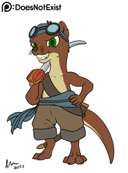 Size: 948x1280 | Tagged: safe, artist:doesnotexist, oc, oc:bryce daeless, oc:bryce daeless (otter), mammal, mustelid, otter, anthro, black nose, brown body, countershading, cutlass, eyewear, eyewear on head, goggles, goggles on head, green eyes, male, melee weapon, paws, pirate, sword, tan body, weapon