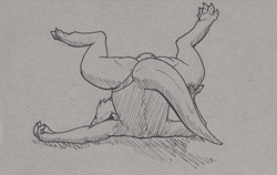 Size: 2000x1264 | Tagged: safe, artist:doesnotexist, oc, oc:bryce daeless, oc:bryce daeless (otter), mammal, mustelid, otter, anthro, butt, clothes, high res, lying, lying down, male, monochrome, on back, panties, paws, presenting, raised paw, solo, solo male, underwear