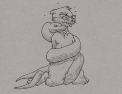 Size: 1924x1474 | Tagged: safe, artist:doesnotexist, oc, oc:bryce daeless, oc:bryce daeless (otter), mammal, mustelid, otter, reptile, snake, anthro, feral, black nose, bottomwear, clothes, coiling, duo, eyewear, glasses, male, pants, paws, substance intoxication