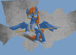 Size: 1024x745 | Tagged: safe, artist:doesnotexist, oc, oc:seaward skies, equine, fictional species, mammal, pegasus, pony, feral, hasbro, my little pony, blue body, blue eyes, brown hair, cutie mark, eyewear, feathered wings, feathers, goggles, hair, harpoon, hooves, male, mane, melee weapon, polearm, quadruped, solo, solo male, spear, weapon, wings