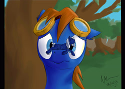 Size: 4133x2952 | Tagged: safe, artist:doesnotexist, oc, oc:seaward skies, equine, fictional species, mammal, pegasus, pony, feral, hasbro, my little pony, blue body, blue eyes, brown hair, cutie mark, duo, eyes closed, eyewear, eyewear on head, feathered wings, feathers, goggles, goggles on head, hair, high res, hooves, male, mane, micro, on snout, quadruped, size difference, wings