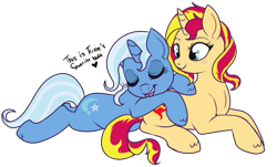 Size: 663x400 | Tagged: safe, artist:lulubell, sunset shimmer (mlp), trixie (mlp), equine, fictional species, mammal, pony, unicorn, feral, friendship is magic, hasbro, my little pony, blushing, cute, cutie mark, eyes closed, female, female/female, fetlock tuft, horn, looking at each other, looking at someone, lying down, shipping, simple background, suntrix (mlp), tail, text, transparent background