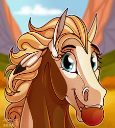Size: 1800x2000 | Tagged: safe, artist:jenery, rain (cimarron), equine, horse, mammal, feral, dreamworks animation, spirit: stallion of the cimarron, 2d, apple, blue eyes, cute, female, food, front view, fruit, looking at you, mare, smiling, smiling at you, solo, solo female, three-quarter view