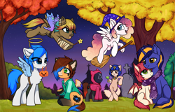 Size: 3415x2188 | Tagged: safe, artist:megabait, ankha (animal crossing), oc, oc:megabait, bat, equine, mammal, pony, feral, animal crossing, friendship is magic, hasbro, my little pony, nintendo, squid game, 2022, crossover, grave, group, halloween, high res, holiday, night, plant, ponified, pumpkin, tree, vegetables, witch