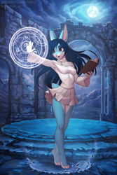 Size: 750x1125 | Tagged: safe, artist:grom_art, artist:iskra, collaboration, oc, oc only, lagomorph, mammal, rabbit, anthro, plantigrade anthro, 2022, adorasexy, barefoot, black hair, blue body, blue fur, body markings, book, bottomwear, breasts, brown eyes, buckteeth, clothes, commission, cute, ears, facial markings, featured image, female, full moon, fur, hair, head marking, legs, long ears, long hair, magic, moon, multicolored fur, open mouth, outdoors, paw feet, paws, pink nose, reasonably sized breasts, red eyes, sexy, short skirt, short tail, skirt, smiling, solo, solo female, spellbook, tail, teeth, thighs, tight clothing, tippy-toes, two toned body, two toned fur, white body, white fur, windswept hair
