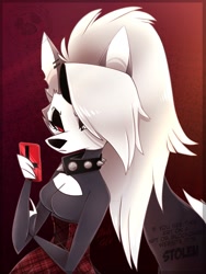 Size: 1416x1884 | Tagged: safe, artist:bloodypink1, loona (vivzmind), canine, fictional species, hellhound, mammal, anthro, hazbin hotel, helluva boss, 2022, breasts, cell phone, clothes, ears, female, hair, long hair, phone, silver hair, smartphone, solo, solo female, tail