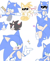 Size: 1681x2048 | Tagged: dead source, safe, artist:nuinu_17, miles "tails" prower (sonic), shadow the hedgehog (sonic), sonic the hedgehog (sonic), canine, fox, hedgehog, mammal, red fox, anthro, sega, sonic the hedgehog (series), 2022, bipedal, black body, black fur, blue body, blue fur, clothes, eye contact, finger guns, fist, fist bump, food, fur, glasses, gloves, green eyes, grin, gritted teeth, group, half closed eyes, heart, holding, holding food, holding object, hot dog, looking at someone, lying down, male, males only, multiple tails, one eye closed, open mouth, open smile, quills, shoes, short tail, simple background, smiling, sparkles, standing, sunglasses, tail, teeth, trio, trio male, two tails, white background, winking, yellow body, yellow fur