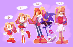 Size: 1960x1260 | Tagged: safe, artist:buckettkun, cream the rabbit (sonic), sonic the hedgehog (sonic), hedgehog, lagomorph, mammal, rabbit, anthro, sega, sonic the hedgehog (series), age progression, alternate design, bipedal, blue body, blue fur, bottomwear, brown eyes, child, clothes, dress, duo, female, flower, fur, gloves, green eyes, grin, jacket, looking at someone, male, older, older cream the rabbit, on one leg, one eye closed, pants, plant, purple background, quills, shirt, shoes, signature, simple background, skirt, smiling, standing, sweater, tan body, tan fur, teenager, topwear, winking, young