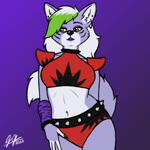 Size: 1024x1024 | Tagged: safe, artist:legatusflagrans, roxanne wolf (fnaf), canine, mammal, wolf, anthro, five nights at freddy's, five nights at freddy's: security breach, armwarmers, belly button, belt, bottomwear, bracelet, claws, clothes, collar, crop top, ear piercing, eyeshadow, female, fluff, gradient background, green hair, hair, hand on hip, jewelry, lipstick, looking to the side, makeup, multicolored hair, piercing, short shorts, shorts, shoulder pads, solo, solo female, spiked belt, spiked collar, spiked wristband, topwear, two toned hair, white hair, wristband, yellow eyes