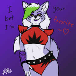 Size: 1024x1024 | Tagged: safe, artist:legatusflagrans, roxanne wolf (fnaf), canine, mammal, wolf, anthro, five nights at freddy's, five nights at freddy's: security breach, armwarmers, belly button, belt, bottomwear, bracelet, claws, clothes, collar, crop top, ear piercing, eyeshadow, female, fluff, gradient background, green hair, hair, hand on hip, jewelry, lipstick, looking at you, makeup, multicolored hair, piercing, short shorts, shorts, shoulder pads, smiling, solo, solo female, spiked belt, spiked collar, spiked wristband, topwear, two toned hair, white hair, wristband, yellow eyes