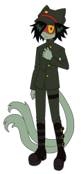 Size: 700x1500 | Tagged: safe, artist:casin0s, oc, oc only, oc:aum (casin0s), cat, feline, mammal, anthro, black hair, boots, bottomwear, button, clothes, colored sclera, full body, fur, green body, green clothing, green fur, hair, hair over one eye, hat, headwear, kemono, male, pants, red eyes, red marking, shoes, solo, solo male, uniform, yellow sclera