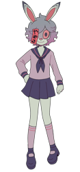 Size: 700x1500 | Tagged: safe, artist:casin0s, oc, oc only, oc:tulip (casin0s), fictional species, lagomorph, mammal, rabbit, undead, anthro, bloodshot eyes, bottomwear, clothes, colored sclera, female, full body, hair, japanese text, kemono, purple eyes, purple hair, red sclera, sailor outfit, scar, shoes, skirt, smiling, socks, solo, solo female, standing, uniform