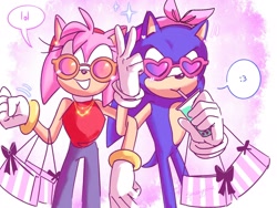 Size: 2048x1536 | Tagged: safe, artist:spaceyyblue, amy rose (sonic), sonic the hedgehog (sonic), hedgehog, mammal, anthro, sega, sonic the hedgehog (series), 2021, :3, alternate costume, bag, bipedal, blue body, blue fur, bottomwear, bracelet, bubble tea, clothes, drink, drinking, duo, female, fur, glasses, gloves, heart, heart glasses, heart sunglasses, holding, holding object, jewelry, male, necklace, pants, pink body, pink fur, quills, round glasses, shirt, smiling, standing, sunglasses, tail, topwear