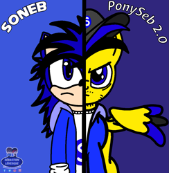 Size: 1059x1086 | Tagged: safe, artist:lyrexios, artist:mrstheartist, oc, oc only, oc:ponyseb 2.0, oc:soneb the hedgehog, equine, fictional species, hedgehog, mammal, pegasus, pony, anthro, feral, friendship is magic, hasbro, my little pony, sega, sonic the hedgehog (series), base used, blue background, bright colors, crossover, front view, half, self upload, simple background, two sides