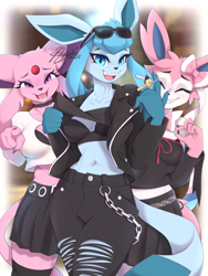 Size: 1200x1600 | Tagged: safe, artist:naika, eeveelution, espeon, fictional species, glaceon, mammal, sylveon, anthro, nintendo, pokémon, 2021, anthrofied, blue hair, border, breasts, clothes, crop top, cropped shirt, ears, eyelashes, female, females only, glasses, glasses on head, hair, long ears, looking at you, midriff, pink hair, small penis humiliation, smiling, smiling at you, sunglasses, sunglasses on head, tail, thighs, topwear, trio, trio female, white border