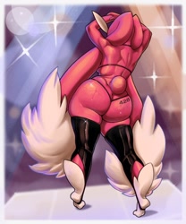 Size: 1000x1200 | Tagged: suggestive, alternate version, artist:daserfomalhaut, fictional species, lagomorph, lopunny, mammal, anthro, nintendo, pokémon, 2022, ambiguous fluid, anthrofied, arms above head, big butt, big ears, blurred background, bra, breasts, butt, clothes, ears, female, huge butt, legwear, lingerie, looking away, panties, rear view, skimpy, skindentation, solo, solo female, thick thighs, thigh highs, thigh squish, thighs, thong, underwear, wide hips