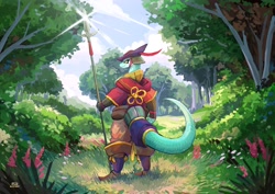 Size: 4096x2896 | Tagged: safe, artist:_plive, lizard, reptile, anthro, ambiguous gender, armor, clothes, forest, hat, headwear, scenery, spear, tail, weapon