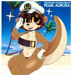 Size: 3100x3200 | Tagged: safe, artist:wirelessshiba, oc, oc only, oc:pearl aurora (wirelessshibe), mammal, mustelid, otter, anthro, 2022, belly button, bikini, breasts, brown body, brown fur, brown hair, cap, chest fluff, cleavage, clothes, digital art, ears, elbow fluff, female, fluff, fur, gloves, gris swimsuit meme, hair, hand on hip, hat, headwear, high res, looking at you, one-piece swimsuit, open mouth, open smile, outdoors, palm tree, plant, salute, short hair, shoulder fluff, smiling, solo, solo female, swimsuit, tail, tree