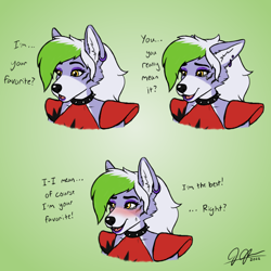 Size: 2048x2048 | Tagged: safe, artist:legatusflagrans, roxanne wolf (fnaf), canine, mammal, wolf, anthro, five nights at freddy's, five nights at freddy's: security breach, blushing, clothes, collar, crying, cute, ear piercing, earring, fangs, female, fur, green hair, hair, high res, multicolored fur, multicolored hair, piercing, sharp teeth, shoulder pads, solo, solo female, spiked collar, surprised, tears, tears of joy, teeth, text, topwear, tsundere, two toned body, two toned fur, two toned hair, yellow eyes