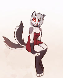 Size: 2096x2600 | Tagged: safe, artist:enginetrap, loona (vivzmind), canine, fictional species, hellhound, mammal, anthro, digitigrade anthro, hazbin hotel, helluva boss, clothes, cute, dress, female, fur, gray body, gray fur, hair, happy, high res, looking at you, multicolored fur, red eyes, simple background, sitting, smiling, smiling at you, solo, solo female, tail, tail wag, white background, white body, white fur, white hair