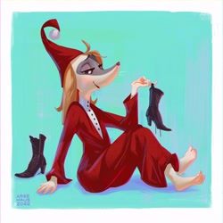 Size: 3000x3000 | Tagged: safe, artist:arsemaus, mrs fillyjonk (moomins), fictional species, fillyjonk, mammal, rodent, anthro, moomins (series), barefoot, bedroom eyes, boots, clothes, feet, female, high heel boots, high res, looking at you, open mouth, open smile, seductive, shoes, sitting, smiling, smiling at you, soles, solo, solo female, toes