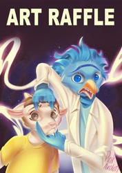Size: 2508x3544 | Tagged: safe, artist:pinkaxolotl, morty smith (rick and morty), rick sanchez (rick and morty), bird, bovid, goat, mammal, anthro, adult swim, rick and morty, 2020, anthrofied, beak, blue eyes, blue hair, brown eyes, brown hair, clothes, digital art, duo, duo male, furrified, hair, high res, lab coat, male, males only, open mouth, shirt, species swap, tongue, topwear