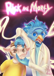 Size: 2508x3544 | Tagged: safe, alternate version, artist:pinkaxolotl, morty smith (rick and morty), rick sanchez (rick and morty), bird, bovid, goat, mammal, anthro, adult swim, rick and morty, 2020, anthrofied, beak, blue body, blue eyes, brown eyes, brown hair, clothes, cream body, cream fur, digital art, duo, duo male, fur, furrified, hair, high res, horns, lab coat, male, males only, open mouth, shirt, species swap, tongue, topwear
