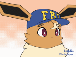 Size: 560x420 | Tagged: safe, artist:hentufappu, eevee, eeveelution, fictional species, mammal, feral, nintendo, pokémon, 2022, 2d, 2d animation, ambiguous gender, animated, black nose, blushing, cap, clothes, covering mouth, dialogue, digital art, ears, eyebrows, fbi, floppy ears, fluff, fur, gif, hair, hat, headwear, neck fluff, simple background, solo, solo ambiguous, speech bubble, talking, text, walkie talkie