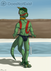 Size: 1428x2000 | Tagged: safe, artist:doesnotexist, oc, oc:shows-his-scales, argonian, fictional species, reptile, anthro, the elder scrolls, 2018, bethesda softworks, black bottomwear, black panties, broken horn, bulge, clothes, clothing pull, collar, digit ring, digital art, eyeshadow, feathers, green body, green scales, high res, horn, horn jewelry, horn ring, jewelry, looking at you, makeup, male, nudity, outdoors, partial nudity, patreon, patreon logo, patreon username, penis, pupils, red body, red feathers, ring, ring (jewelry), scales, seductive, signature, slit pupils, solo, solo male, speedo, stylized, swimming pool, swimsuit, tattoo, toe ring, topless, underwear, video game, walking, watermark, wet, yellow eyes