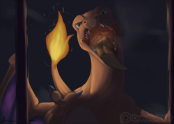Size: 2000x1428 | Tagged: suggestive, artist:doesnotexist, oc, oc:charizard seven, charizard, dragon, fictional species, reptile, western dragon, feral, nintendo, pokémon, against surface, ambiguous gender, blue body, blue skin, digital art, drooling, fangs, fire, green eyes, high res, licking, looking at you, membrane (anatomy), on glass, open mouth, orange body, orange scales, saliva, saliva on tongue, scales, scar, sharp teeth, signature, solo, standing, starter pokémon, teeth, throat, tongue, tongue out, video game, watermark, webbed wings, wings