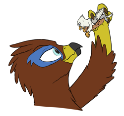 Size: 1055x991 | Tagged: safe, artist:doesnotexist, artist:nirvash, oc, oc:der, oc:saewin, bird, feline, fictional species, gryphon, mammal, feral, beak, bird feet, blue marking, body markings, brown body, cookie, countershading, duo, eye markings, feathered crest, feathered wings, feathers, food, head crest, micro, mythological avian, mythology, paws, quadruped, wings