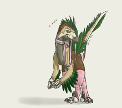 Size: 2000x1764 | Tagged: safe, artist:doesnotexist, oc, oc:lacertius (doesnotexist), dinosaur, dromaeosaurid, feathered dinosaur, raptor, reptile, theropod, utahraptor, feral, 2017, accessory, ambiguous gender, bipedal, blushing, brown body, brown feathers, claws, clothes, collar, digital art, feathers, footwear, furgonomics, gray body, gray scales, green body, green feathers, high res, holding, leash, leash in mouth, legwear, mouth hold, pattern clothing, pattern footwear, pattern legwear, pattern socks, pattern stockings, scales, shy, socks, solo, stockings, striped clothes, striped footwear, striped legwear, striped stockings, stripes, tail, tail accessory, tail band, thigh highs, yellow eyes