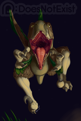 Size: 1333x2000 | Tagged: suggestive, artist:doesnotexist, oc, oc:lacertius (doesnotexist), dinosaur, feathered dinosaur, raptor, reptile, theropod, utahraptor, feral, 2019, 3 fingers, 3 toes, brown body, brown feathers, claws, drooling, fangs, feathers, feet, fingers, first person view, green body, green feathers, high res, imminent vore, looking at you, male, male pred, mouth shot, night, open mouth, pounce, saliva, scales, sharp teeth, solo, solo male, tan body, tan scales, teeth, toes, tongue, tongue out, vore, watermark