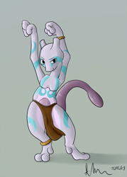 Size: 917x1280 | Tagged: safe, artist:doesnotexist, oc, oc:iorite, fictional species, legendary pokémon, mammal, mewtwo, anthro, digitigrade anthro, nintendo, pokémon, anklet, bottomwear, bracelet, clothes, gray eyes, jewelry, loincloth, male, pink body, raised arms, simple background, solo, solo male, video game