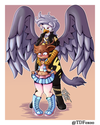 Size: 2000x2500 | Tagged: safe, artist:tdfoxoo, oc, oc only, bird, cervid, deer, feline, fictional species, gryphon, mammal, anthro, beak, big breasts, birb, blushing, boots, breasts, choker, clothes, collar, couple, crossdressing, cute, dominant, dominant female, duo, duo male and female, embarrassed, feathered wings, feathers, female, femboy, heels, high heels, high res, larger female, male, shoes, size difference, smaller male, submissive, submissive male, tail, trap, wings