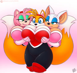 Size: 1280x1219 | Tagged: suggestive, artist:drxii, amy rose (sonic), miles "tails" prower (sonic), rouge the bat (sonic), bat, canine, fox, hedgehog, mammal, red fox, anthro, sega, sonic the hedgehog (series), 2021, bedroom eyes, big breasts, black nose, breasts, cameltoe, clothes, digital art, ears, eyelashes, female, female/female, females only, fur, hair, mila "tails" prower, multiple tails, rule 63, simple background, tail, tailsko, thighs, trio, trio female, two tails, vixen, wide hips