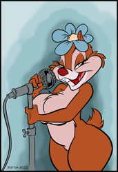 Size: 876x1280 | Tagged: suggestive, artist:dutch, clarice (disney), chipmunk, mammal, rodent, anthro, disney, mickey and friends, bedroom eyes, big breasts, big butt, breasts, buckteeth, butt, female, flower, flower on head, looking at you, microphone, nudity, open mouth, open smile, singing, smiling, smiling at you, solo, solo female, strategically covered, teeth, thick thighs, thighs, wide hips