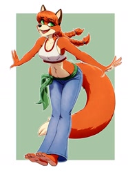 Size: 1280x1722 | Tagged: safe, artist:hobbsmeerkat, oc, oc:patty (fox-popvli), canine, fox, mammal, anthro, barefoot, big breasts, bottomwear, braids, breasts, claws, clothes, crop top, cute, cute little fangs, fangs, feet, female, green eyes, hair, looking at you, open mouth, open smile, pants, pigtails, red hair, smiling, smiling at you, soles, solo, solo female, teeth, toe claws, toes, topwear, vixen, wide hips