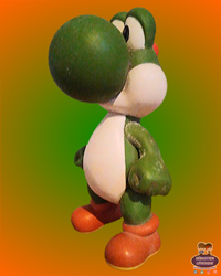 Size: 2004x2509 | Tagged: safe, artist:mrstheartist, edit, yoshi (mario), fictional species, yoshi (species), semi-anthro, mario (series), nintendo, dust, figurine, fist, gradient background, high res, male, self upload, solo, solo male, toy
