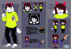 Size: 6500x4500 | Tagged: safe, artist:fluffybardo, oc, oc only, oc:kris kenneth, bovid, fictional species, goat, mammal, monster, deltarune, undertale, bottomwear, brown hair, clothes, cloven hooves, digital art, doughnut, drink, ears, food, fur, hair, hooves, horns, pants, reference sheet, solo, sweater, tail, text, topwear, white body, white fur