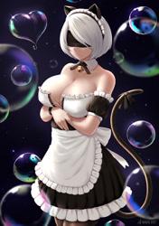 Size: 1280x1814 | Tagged: suggestive, artist:kaos-art-gx, 2b (nier:automata), android, animal humanoid, cat, feline, fictional species, human, mammal, robot, humanoid, nier:automata, square enix, 2021, absolute cleavage, big breasts, breasts, bubbles, cat bell, cat ears, cat tail, cleavage, clothes, dress, female, heart, love heart, maid, maid outfit, solo, solo female