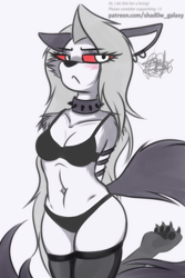Size: 1000x1500 | Tagged: safe, artist:shad0w-galaxy, loona (vivzmind), canine, fictional species, hellhound, mammal, anthro, digitigrade anthro, hazbin hotel, helluva boss, 2022, breasts, clothes, ears, female, gray hair, hair, long hair, solo, solo female, tail, thighs