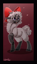Size: 2100x3600 | Tagged: safe, artist:unfinishedhekry, oc, oc only, bovid, caprine, mammal, sheep, feral, 2021, blushing, bow, digital art, ears, eyelashes, female, fur, high res, open mouth, solo, solo female, tail, tongue